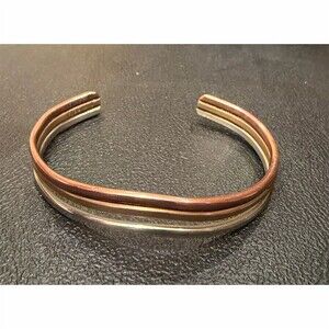 Sergio Lub Signed Vintage Cuff Bracelet Tri-Metal Copper, Brass & German Silver